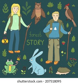 Vector hiking set with two people, forest animals and plants: berries, leaves and branches. Hand drawing cartoon characters: girl, boy, rabbit, hedgehog, frog, owl, woodpecker. Eco tourism set.