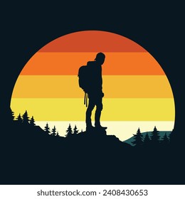 Silueta de senderismo vectorial ilustración retro para prendas de vestir, pegatinas, lotes, fondo, póster y otros
