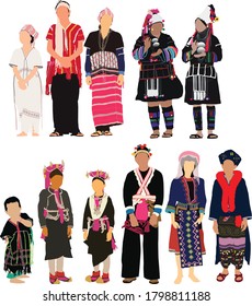 Vector Hill tribe peoples costumes group on white background