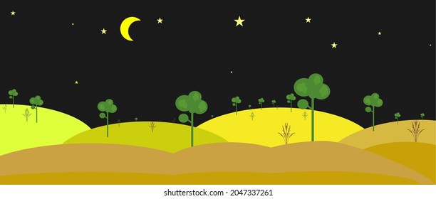 Vector Hill View At Night Beautiful For Animated Background. Kids Background