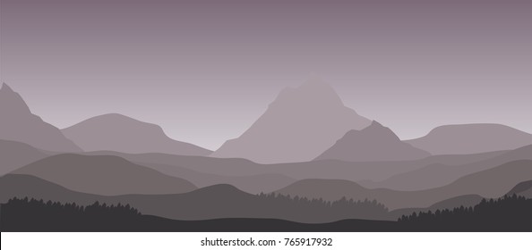 vector hills and forest landscape illustration. nature, mountains in the mist
