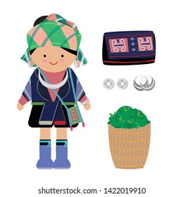 Vector of hilltribe woman, Black Hmong, northern tribe of Vietnam. 