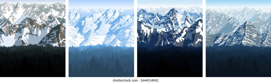 vector Himalaya alps mountains with woodland background texture seamless patterns