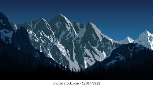 Vector Himalayan mountain landscape. Lhotse - south face view from Everest Base Camp Trek. Sagarmatha National Park, Nepal.