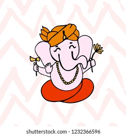 Vector of Hindu god lord Ganesha. Illustration for Happy Ganesh Chaturthi Festival India. Cartoon character. Meditation in lotus pose.