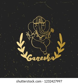 Vector of Hindu god lord Ganesha. Gold line illustration for Happy Ganesh Chaturthi Festival India. Cartoon character.
