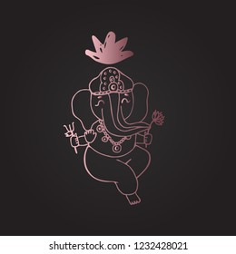 Vector of Hindu god lord Ganesha. Gold line illustration for Happy Ganesh Chaturthi Festival India. Cartoon character.