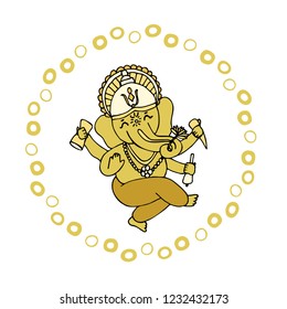 Vector of Hindu gold lord Ganesha. Illustration for Happy Ganesh Chaturthi Festival India. Cartoon character in hand drawn frame.