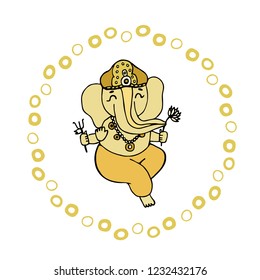 Vector of Hindu gold lord Ganesha. Illustration for Happy Ganesh Chaturthi Festival India. Cartoon character in hand drawn frame.