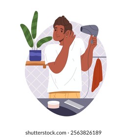 Vector hindu man with hair dryer. Character drying hair at bathroom. Cartoon guy doing cosmetic routine at morning bath. Hairstyle and grooming hygiene. Illustration of male holding air blow device