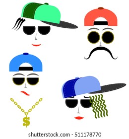 Vector Hip Hop Boys Faces Isolated on White Background.