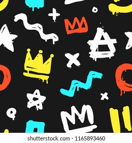Vector Hip-Hop Graffiti seamless pattern of abstract coluorful graffiti tags crown, star on black background. Hand drawn cartoon style hip hop background