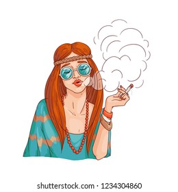 Vector hippie girl smoking cannabis. 70s hipster woman rastaman in sunglasses with marijuana cigarette. Female sketch character smoking weed as sign of peace and freedom