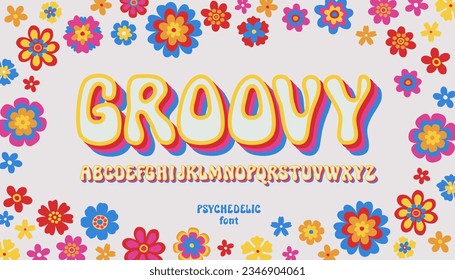 Alfabeto vectorial hippie groovy letras negrita. Típica decorativa nostálgica retro de los años 60 y 70. Fuente divertida con temática vintage en estilo psicodélico bohemio para afiches, impresos, portadas de álbumes musicales, camiseta