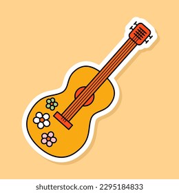 Vector Hippie Guitar sticker isolated on yellow background. 70s style cartoon music instrument with flower pattern on it