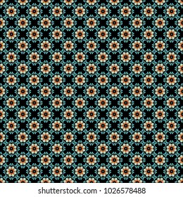 Vector hippie mandala. Kaleidoscope elements. Seamless motley pattern with oriental mandalas in orange, black and blue colors. Fabric, wallpaper or wrap print.