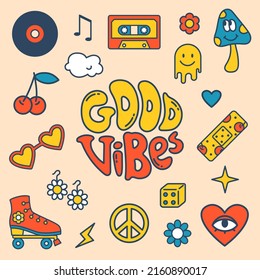 Vector hippie set. Good vibes lettering. Groovy elements. Retro cassette tape and roller skates. 