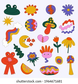 vector hippie stickers from the 60s and 70s - flowers, monsters, shapes.Summer groove and funky.Abstract forms are common for tattoo.Retro vibes festival.Hearts, peace and love.For plotter silhouette