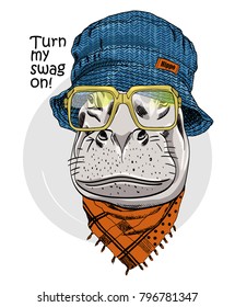 Vector hippo with hat, scarf and gold glasses. Hand drawn illustration of dressed hippopotamus.