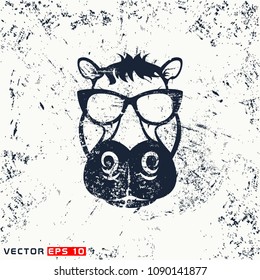 Vector hippo head, hipster face on grunge background