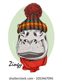 Vector hippo with knitted hat and red scarf. Hand drawn illustration of dressed hippopotamus.
