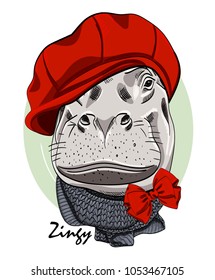 Vector hippo with red cap and scarf. Hand drawn illustration of dressed hippopotamus.