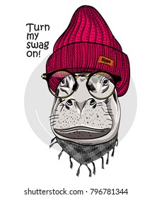 Vector hippo with red knitted hat, scarf and red glasses. Hand drawn illustration of dressed hippopotamus.