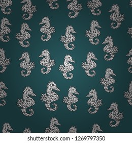 Vector. Hippocampus vector cartoon icon set of underwater fish and silhouette isolated on black, white and blue background. Seahorse seamless pattern background.