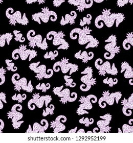 Vector. Hippocampus vector cartoon icon set of underwater fish and silhouette isolated on neutral, violet and black background. Seahorse seamless pattern background.
