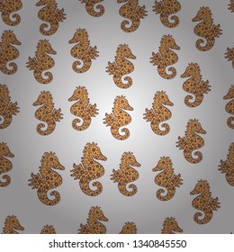 Vector. Hippocampus vector cartoon icon set of underwater fish and silhouette isolated on white, beige and brown background. Seahorse seamless pattern background.