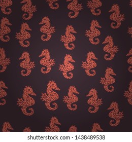 Vector. Hippocampus vector cartoon icon set of underwater fish and silhouette isolated on orange, brown and purple background. Seahorse seamless pattern background.