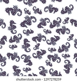 Vector. Hippocampus watercolor illustration on white, brown and neutral background. Abstract seamless pattern for boys, girls, clothes, wallpaper. Fantasy nice illustration.