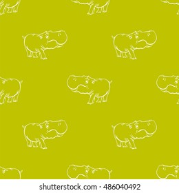 Vector Hippopotamus Seamless Drawing Pattern on Yellow. Animal Cartoon Background