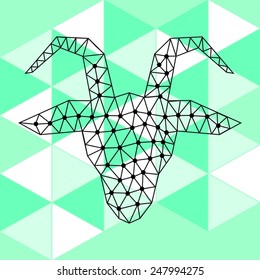 Vector hipster abstract geometric background of green triangle with contour head of goat. Origami style.