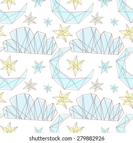 Vector hipster abstract geometric background with the moon and the stars. Night pattern. Kids seamless pattern in soft delicate pencil style.