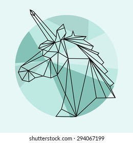 Vector hipster abstract geometric unicorn with triangle colorful background. Origami style