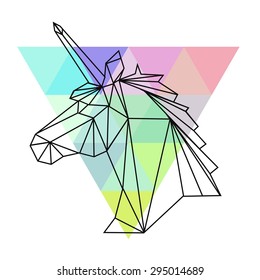 Vector Hipster Abstract Geometric Unicorn With Triangle Colorful Background. Origami Style