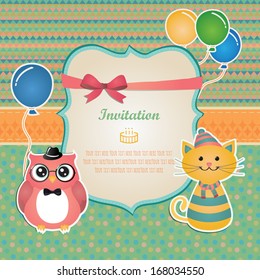 Vector Hipster Animals birthday party invitation card design.