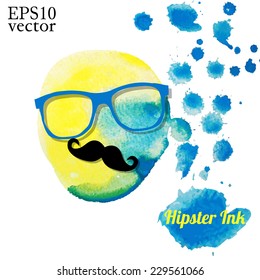 Vector hipster background with blue and yellow watercolor blots, glasses and mustaches. Can be used as party invitation background or a card