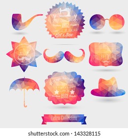 Vector Hipster background made of geometric pattern. Retro labels design. Square composition with geometric shapes. Hipster theme label. Mustache. Hat. Umbrella. Star. Sun glasses.