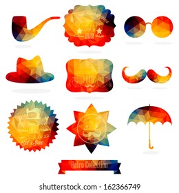 Vector Hipster background made of geometric pattern. Retro labels design. Square composition with geometric shapes. Hipster theme label. Mustache. Hat. Umbrella. Star. Sun glasses. Flat design.