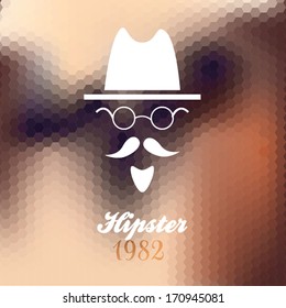 Vector Hipster background made of geometric pattern.  Hipster theme label. Mustache. Hat.  Star. Sun glasses. Flat design.