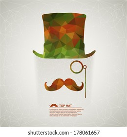 Vector hipster background made of triangles. Vintage silhouette of top hat, mustaches and monocle. Shadow and background are on separate layers.