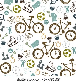 Vector hipster background with silhouette of bicycle and sport equipment