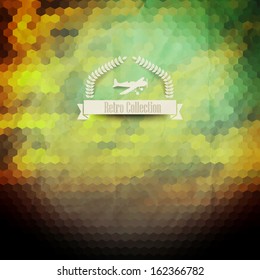 Vector hipster badge. Sunset. Sky. Clouds. Retro label design with airplane. Hexagon. Laurel wreath label with plane. Retro backdrop. Blur. Bokeh. Landscape. 