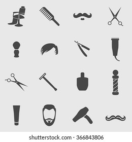 Vector hipster barber shop icons. Chair, comb, mustache, scissors, shears, haircut, razor, blade, trimmer, cream, after shave lotion, pole, hair dryer.