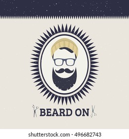 Vector hipster barber shop illustration, logo, badge. Beard, scissors.