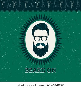 Vector hipster barber shop illustration, logo, badge. Beard, scissors.
