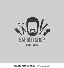 Vector hipster barber shop logo, badge. Beard, scissors, razor, brush, comb.