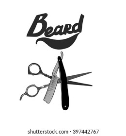 Vector hipster Barber shop logo, icon. Beard, scissors, razor.